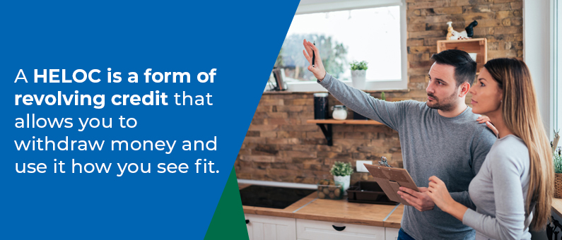 A HELOC is a form of revolving credit that allows you to withdraw money and use it how you see fit - Couple looking at kitchen an contemplating renovations 